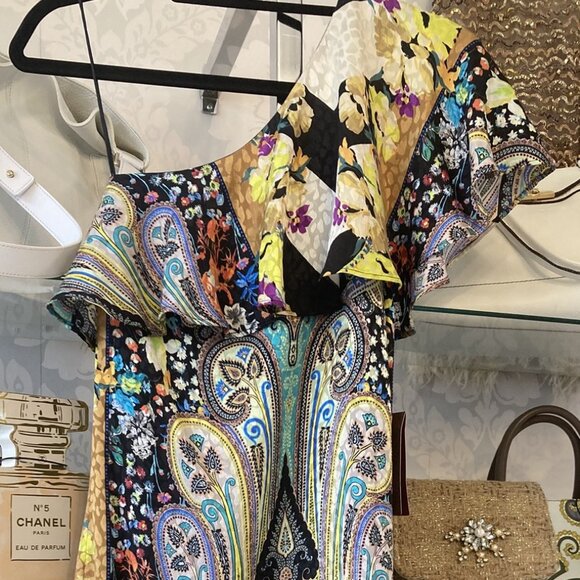 Etro One-Shoulder Printed Silk Mini Dress  - Size 42 NWT - Picture 1 of 9